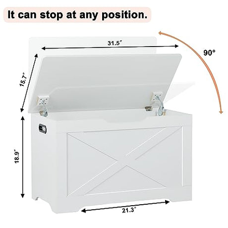 Timberer Storage Chest, Wooden Storage Bench, Entryway Shoes Bench with 2 Safety Hinges, Retro Storage Trunk for Living Room, Bedroom, 15.7 x 31.5 x 18.9 Inches, White Timberer