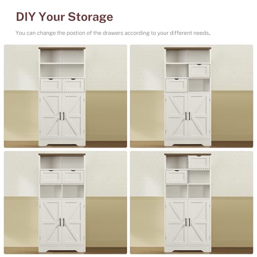 TEENFON Storage Cabinet with Doors & 2 Drawers, Kitchen Cabinet with Adjustable Shelf, Pantry Cabinets, Bathroom Cabinets, for Living Room, Entryway, Home Office, White TEENFON