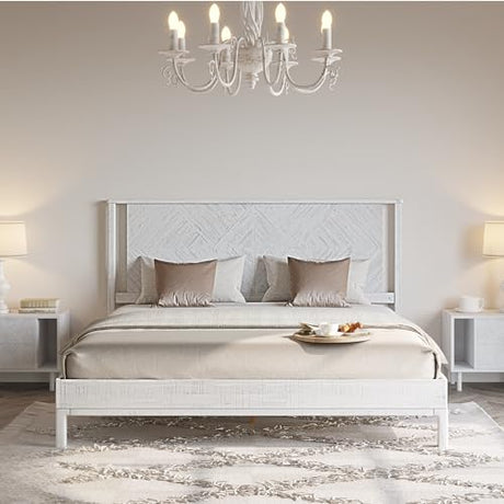 Bme Ethan Solid Wood King Bed Frame with Diamond Headboard - Rustic & Mid-Century Modern - Acacia Wood Platform Bed - Compatible with All Mattresses - No Box Spring Needed - Rustic White Bme