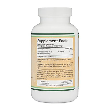 Double Wood Supplements TMG Trimethylglycine Supplement 1,000mg Per Serving, 180 Capsules (TMG Supplements for Homocysteine Control) Genuine TMG with Fishy Smell, Gluten Free, Non-GMO Double Wood Supplements