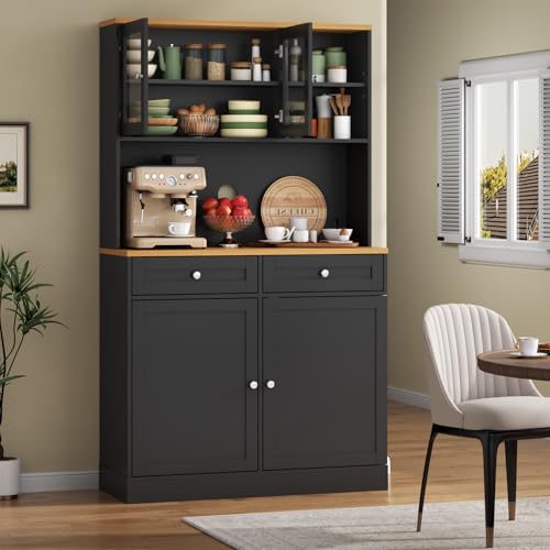 Tall Pantry Cabinet, Modern Kitchen Hutch with Microwave Stand, Kitchen Pantry Storage Cabinet with 2 Darwers & Door Shelf, Food Pantry with Glass Doors & Adjustable Shelves for Dining Room, Black Gyfimoie