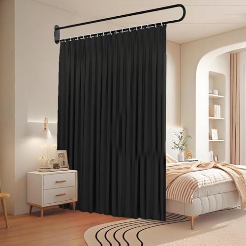 GODNOEI U-Shape Room Divider Privacy Partition Curtains Metal Support Wall Mounted Curtains for Fitting Room Beauty Salon Bedroom Hospital SPA (7.2ft Black) GODNOEI