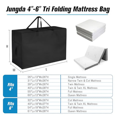 Jungda 4" Queen Folding Mattress Storage Bags,Trifold Memory Foam Mattress Case,Portable Carrying Bag for 4" Queen Size Tri Fold Mattresses (Mattresses NOT Included)-60" L x 27" W x 13" H Jungda