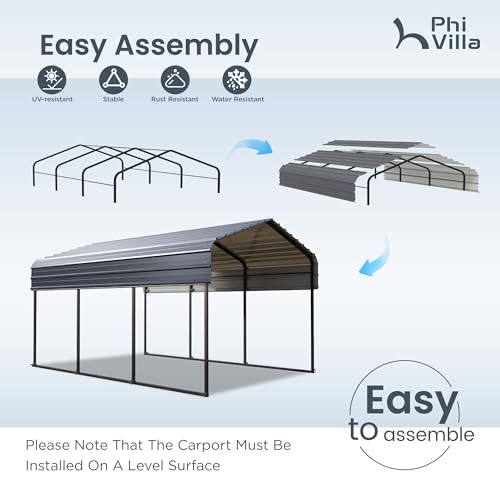 PHI VILLA 10 x 15 ft Heavy Duty Carport with Galvanized Steel Roof Multi-Use Shelter, Sturdy Metal Carport for Cars, Boats, and Tractors PHI VILLA