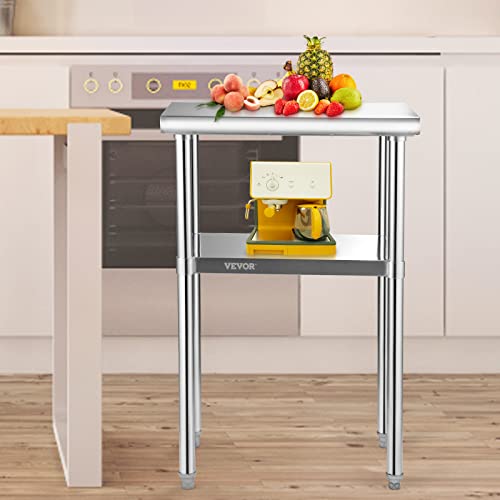 VEVOR Stainless Steel Prep Table, 24 x 18 x 36 Inch, 600lbs Load Capacity Heavy Duty Metal Worktable with Adjustable Undershelf & Feet, Commercial Workstation for Kitchen Restaurant Garage Ba - WoodArtSupply