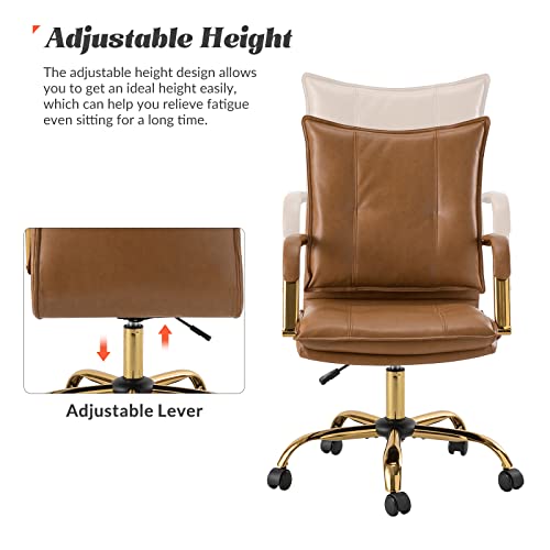 HULALA HOME Faux Leather Home Office Desk Chair, Adjustable Swivel Computer Chair with Golden Legs and Arms, Comfy Upholstered Task Chair,Camel HULALA HOME