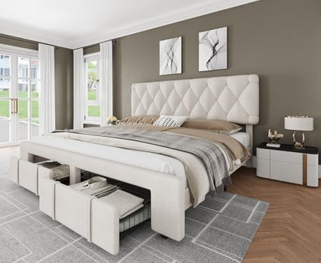 Garvee King Size Bed Frame, Upholstered Platform Bed Frame with Storage Drawers, Mattress Foundation with Solid Wooden Slats Support, No Box Spring Needed, Beige Garvee