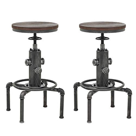Topower Industrial Barstool,13" Solid Wood, Adjustable Height 23.6"-29.5", Counter Stool, Kitchen Cafe Pub Bar Stool, Set of 2, Silver Topower