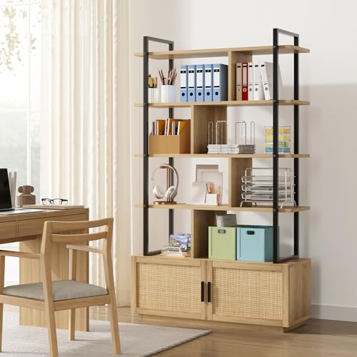 GAOMON 5-Tier Burlywood Industrial Bookshelf with Storage Cabinet and Open Display Shelves GAOMON