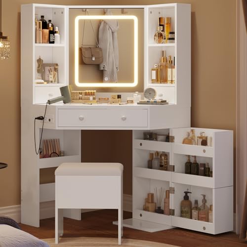 HAUOMS Vanity Desk with Mirror Lights, Storage Bench & Power Outlet, Corner Vanities with Rotating Cabinet & Drawers, 42.5" L Shaped Vanity Set, 3 Light Settings, for Women Girls, Modern White HAUOMS