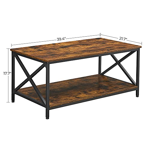 VASAGLE Coffee Table, Cocktail Table with Storage Shelf and X-Shape Steel Frame, Industrial Farmhouse Style, 39.4 x 21.7 x 17.7 Inches, Rustic Brown and Black ULCT200B01V1 VASAGLE