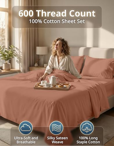 LANE LINEN Bed Sheets Queen Size – Premium 600 Thread Count Long-Staple 100% Cotton Sheets Queen Size Set, Hotel Luxury Soft & Cool Sateen Finish, Fully Elasticized 15" Deep Pocket – Rose Dawn LANE LINEN