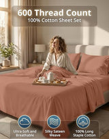LANE LINEN Bed Sheets Queen Size – Premium 600 Thread Count Long-Staple 100% Cotton Sheets Queen Size Set, Hotel Luxury Soft & Cool Sateen Finish, Fully Elasticized 15" Deep Pocket – Rose Dawn LANE LINEN