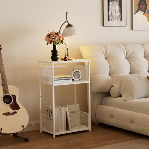 Aduanbang 3 Tier End Table,Record Player Stand with Storage Up to 100 Albums,Turntable Stand for Vinyl,White Records Shelf for Living Room Bedroom Aduanbang