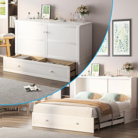 Mjkone Murphy Bed Cabinet with Built-in 3 Charging Station and 2 Storage Drawers, Solid Wood Cabinet Beds Queen Size with Mattress, Cube Chest Beds for Guest Room (White-Murphy Bed B) Mjkone