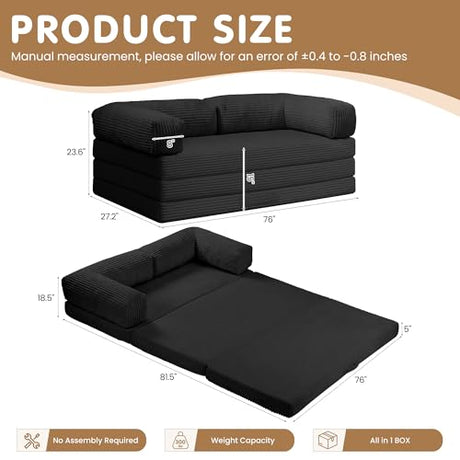 NLDD Convertible Sofa Bed King,5-in-1 Folding Boneless Couch Corduroy Futon Sofa Bed,Tri-Fold Mattress with Removable Armrests & Handle,Sleeper with Pull Out Bed for Small Space Living Room Bedroom NLDD