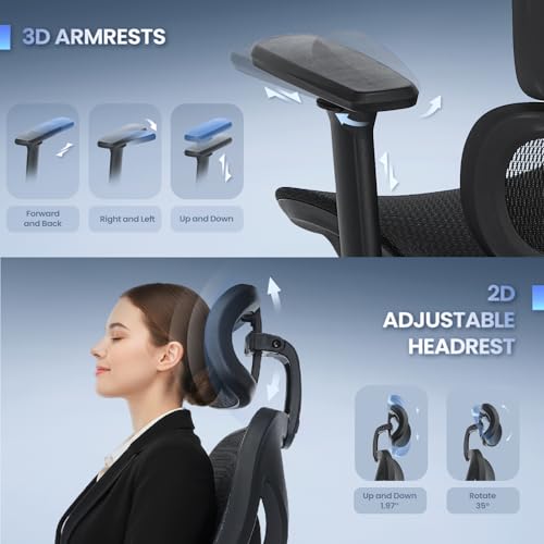 MALOL Ergonomic Office Chair with Footrest, Mesh Home Office Computer Chair with Adjustable Headrest and 3D Arms, Backrest Height, Tilt Lock and Lumbar Support, 300LBS MALOL
