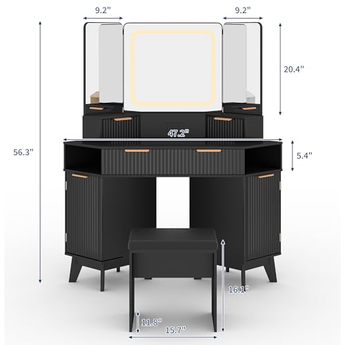 Garvee Corner Makeup Vanity Desk, Modern Vanity Desk with HD Triple Mirror, Corner Vanitys with Clear Glass Top, Fluted Makeup VanityDesk Garvee