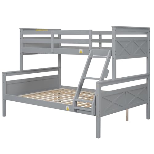 Merax Wood Bunk Bed,Twin Over Full Bunk Beds with Ladder,Safety Guardrail,Can be Separated into 2 Platform Beds,Perfect for Bedroom Kids Adults,Gray Merax