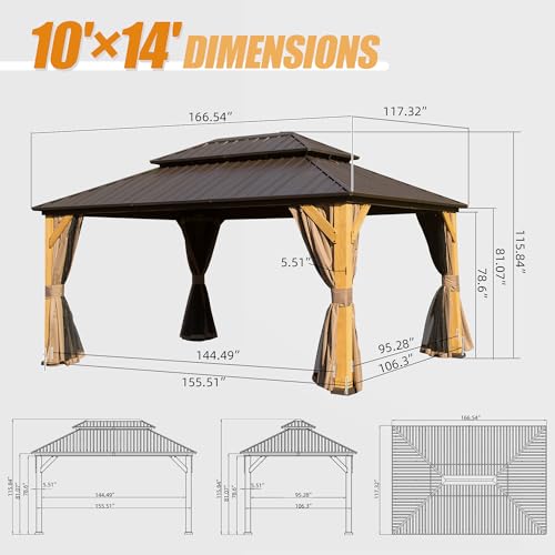 Domi 10x14FT Cedar Wood Gazebo, Solid Wood Hardtop Gazebo with Galvanized Steel Double Roof, Netting & Curtains, Outdoor Gazebo for Patio, Backyard, Deck, Lawns - WoodArtSupply