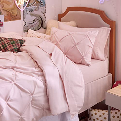 Bedsure Twin Comforter Set Pink for Women - Bed in a Bag Twin Size Bedding 5 Pieces, GentleSoft™ Pintuck Bed Set Gift for Family, Pinch Pleat Pink Comforter with Sheets, Pillowcase & Sham Bedsure
