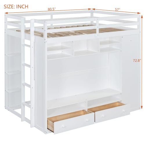 Harper & Bright Designs Full Size High Loft Bed with Drawers & Shelves, Wooden Loft Bed Frame with Wardrobe & LED Light for Kids & Teens (White) Harper & Bright Designs
