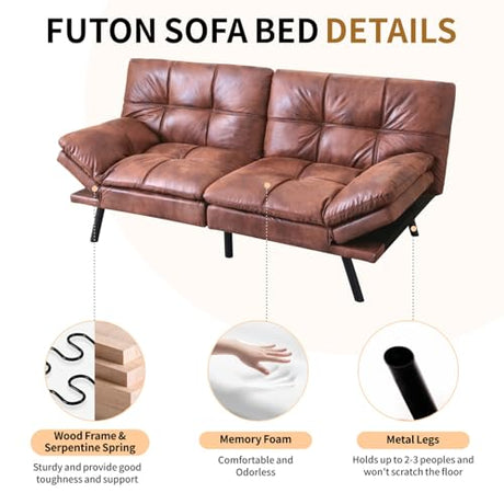MUUEGM Convertible Memory Foam Sofa Bed with Adjustable Backrest & Armrest, Modern Futon Couch for Living Room, Office, Apartment, Space-Saving Design, Easy Assembly,Brown Leather MUUEGM