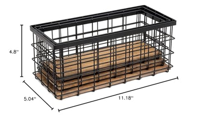 TIEYIPIN Farmhouse Decor Metal Wire Storage Baskets, Wood Base Containers Organizing Basket Caddy Bin for Kitchen Cabinets, Bathroom, Pantry, Garage, Laundry Room, Closets - Small - Black (Se - WoodArtSupply