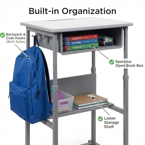 Luxor Student-M Student Desk - Manual Adjustable Desk, Ample Storage with Open Book Box and Shelf, 27.5"W x 19.5"D x 24.5" to 42"H Luxor