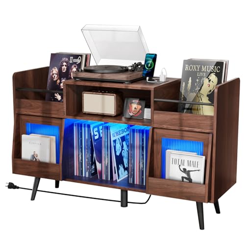 Loomie XL Record Player Stand,Turntable Stand Shelf with with Power Outlet and LED Light,Vinyl Record Storage Cabinet Up to 500 Albums, Wood Record Player Holder Table for Living Room Loomie