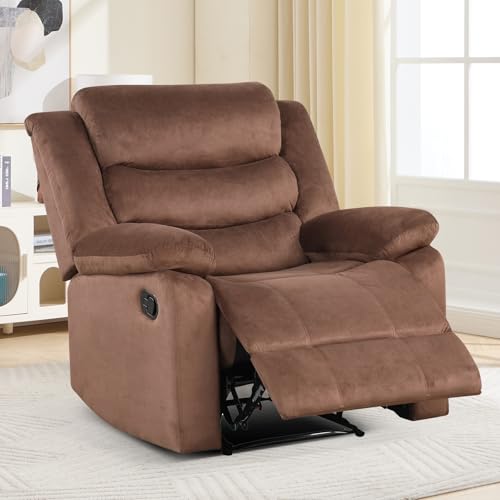 CANMOV Manual Recliner Chair for Adults, Upholstered Fabric Sofa Chair with Overstuffed Arms and Back, Manual Single Sofa for Living Room & Bedroom, Brown