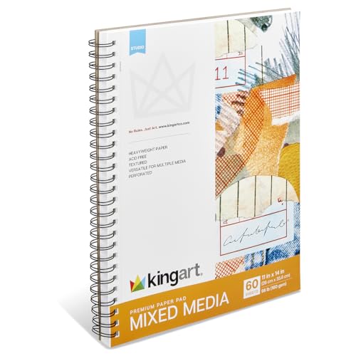 KINGART Mixed Media Paper Pad, 11×14″, 60 Perforated Sheets, 98 lb/160 GSM Heavyweight, Acid-Free, Spiral-Bound with Chipboard Backing, Ideal for Wet & Dry Media KINGART