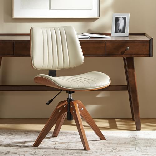 HULALA HOME Faux Leather Home Office Chair with Solid Wood Legs, 360° Swivel Desk Chair No Wheels with Bentwood Design, Mid-Century Modern Wide Seat Computer Task Chair, Ivory HULALA HOME