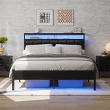 Full Size Bed Frame with Charging Station and LED Lights, Black Upholstered Headboard with 2-Tier Storage Shelves, Metal Bed Frame with Headboard, No Box Spring Needed, Easy Assembly,Black CollaredEagle