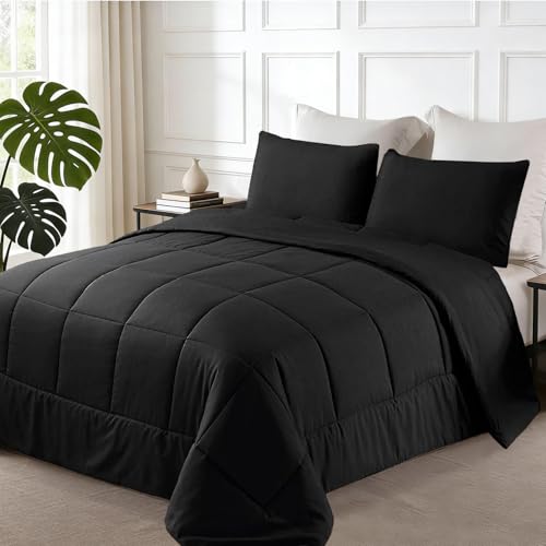 Exclusivo Mezcla Lightweight Reversible Twin Size Comforter Set, Down Alternative Comforter with 1 Pillow Sham, Twin Size Bedding Set for All Seasons, Black Exclusivo Mezcla
