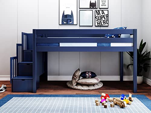 JACKPOT! Contemporary Low Loft Twin Bed with a 3 Drawer Stairway, Blue