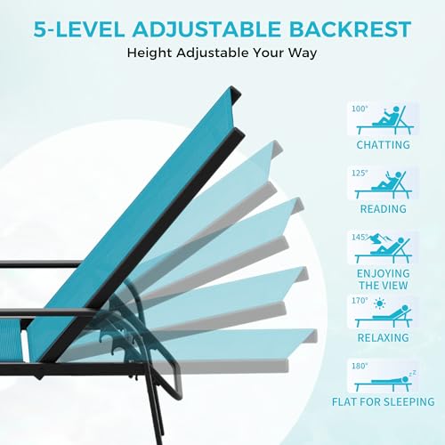 Garvee Outdoor Lounge Chair, Adjustable Patio Reclining Chaise with Textilene Fabric, Pool Lounge Chair with 5-Position Backrest for Patio, Garden, Poolside & Balcony,Sky Blue Set of 2