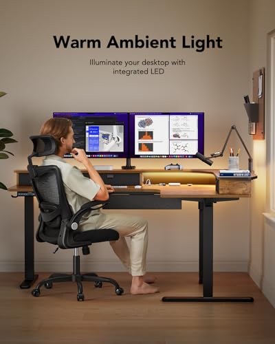 HUANUO 65″ L-Shaped Standing Desk with Power Outlets & LED Strip, Support C-Clamp Mount, Electric Height Adjustable Corner Computer Desk with 3 Drawers, Sit Stand Up Desk with Large Power Strip Holder HUANUO