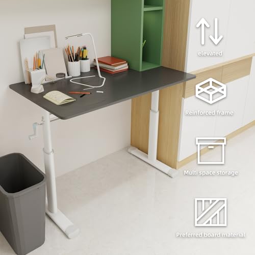Japovker Adjustable Study Desk with Hand-Crank, Double Column Height Adjustable Computer Desk, Stable Compact Office Workstation with Frame & One-Piece Table Top,for Kids & Adults (Grey, 39 lnches) Japovker
