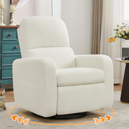 AEMEIOS Swivel Rocker Recliner, Oversized Boucle Glider Recliner Nursery, Manual Swivel Rocking Reclining Chairs with Removable Cushion and Lumbar Support for Nursery Living Room Bedroom, Teddy White