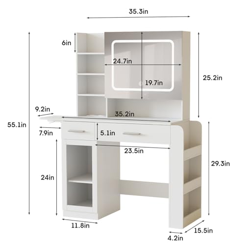 Vabches Vanity Desk with Mirror and Lights, Makeup Vanity with Charging Station, Vanity Table with Drawers, Shelves and Large Storage Cabinet for Home and Bedroom Vabches