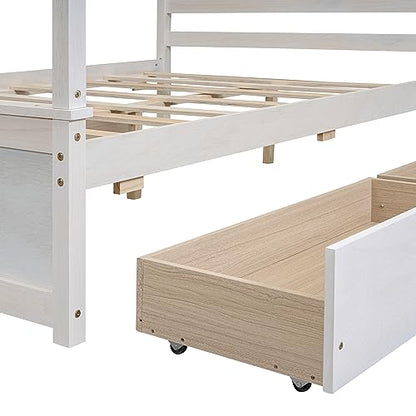 RORIGAT Wood Canopy Bed with 4 Storage Drawers, Full Size Canopy Platform Bed with Support Slats, 4-Post Wood Platform Bed with Headboard,for Kids Teens Adult, No Box Spring Needed,Brushed White