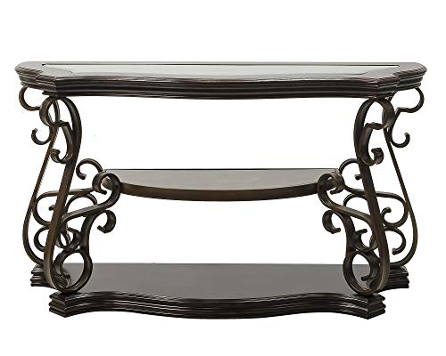 SSLine Traditional Vintage 3-Tier Sofa Console Table with Tempered Glass Table Top,Wood Accent Side Table with Marble Paper Middle Shelf,Hall Table for Living Room Bedroom Entryway SSLine