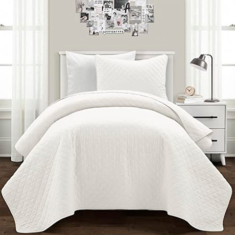Lush Decor Ava Quilt Diamond Pattern Solid 2 Piece Oversized Bedding Blanket Bedspread Set - Twin-XL - White Lush Decor