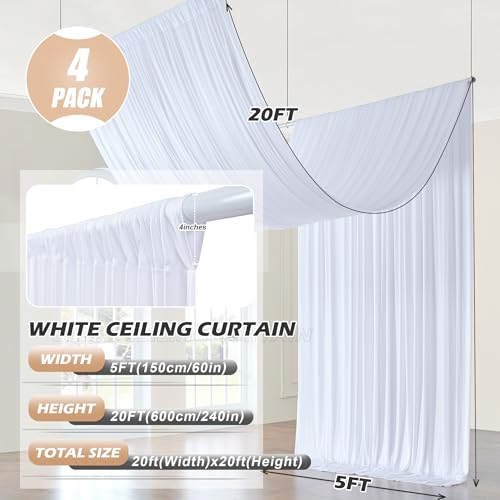 20 ft×20 ft White Ceiling Curtain Drapes for Weddings Parties, Wrinkle Free Polyester Draping Fabric White Drapery for Party Tent Canopy Hotel Banquet Hall Ceiling Decor-4 Panels 5×20ft leegleri