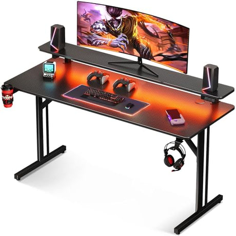 MOTPK 47 Inch Gaming Desk with LED Lights, Computer Desk Gaming Table with Monitor Shelf, Gamer Desk with Carbon Fiber Texture, Kids Boys Desk Gift for Men MOTPK