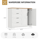 GarveeHome Multifunctional Wooden Dresser for Bedroom, 43.3'' H 2 Door Wardrobe Armoire Closet with 4 Drawers and Hanging Rod, Low Storage Cabinet for Hanging Cloth, White and Brown GarveeHome