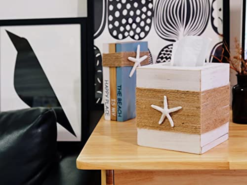 SOMTO Beach Rustic White Wood Square Tissue Box Cover,Farmhouse Bathroom Accessories Starfish Decor Tissue Holder with Slide-Out Bottom Panel… SOMTO