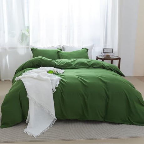 SheRest Olive Green Duvet Cover - Soft Brushed Microfiber, 3 Pieces, 1 Duvet Cover 80x90 Inches with Zipper Closure 8 Ties & 2 Pillow Shams, Breathable Bedding Set for All Season, Full (No Comforter) SheRest