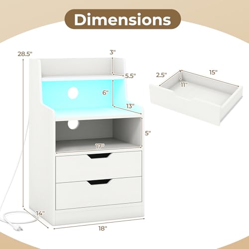 Giantex LED Night Stand with Charging Station, End Side Table w/Open Shelves, 2 Storage Drawers, Cable Holes, Nightstand w/Adjustable Light Color & Mode, Modern Bedside Table for Bedroom (1, White) Giantex